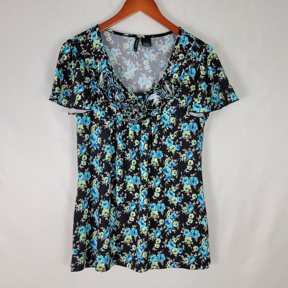 New Directions Shirt Womens Large Top Floral Short Sleeve Rose Scoop Neck Blouse - Picture 1 of 10